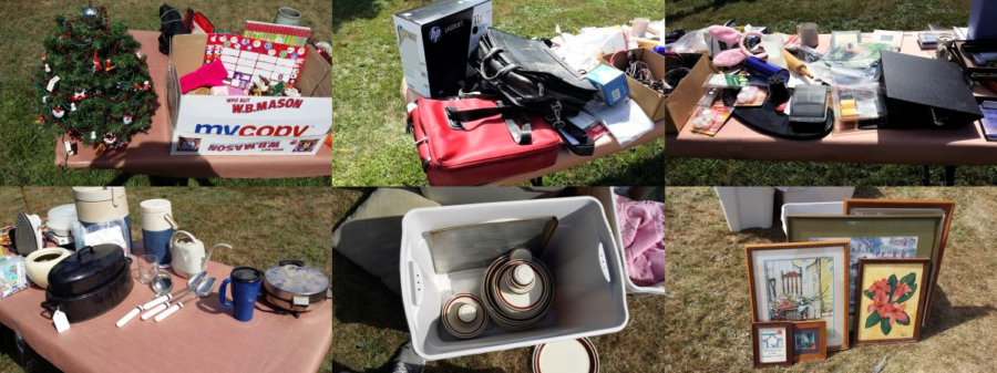 Image of stuff that has been collected over the years being sold at a yard sale to downsize.