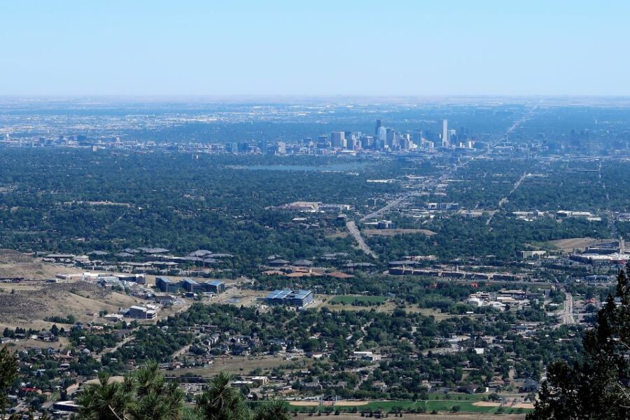 Elevated image of Denver looking east from a mountain.