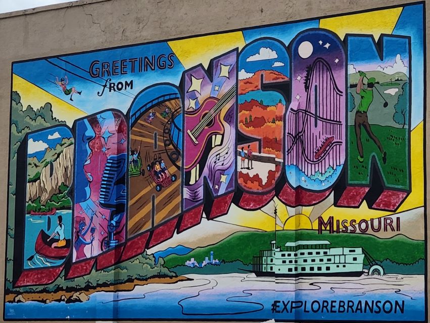 This is an image of a Greetings from Branson, Missouri mural painted on a building downtown.