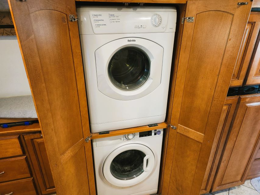 Our stackable washer and dryer in our motorhome. Our laundry is done almost daily.