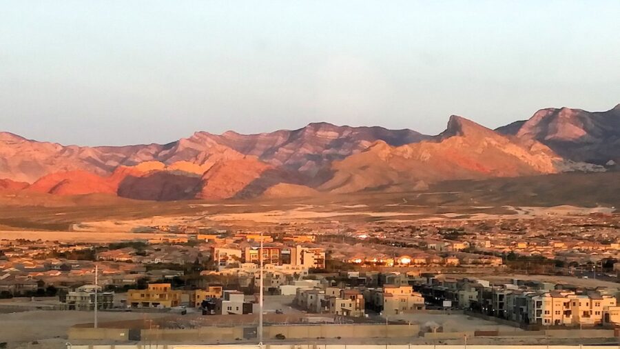 In the clear morning skies of Las Vegas, you can view the Red Rock Canyon Mountains to the west of the city.