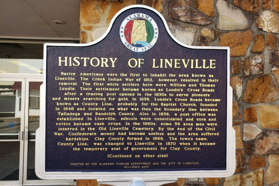 A Lineville, Alabama history plaque.